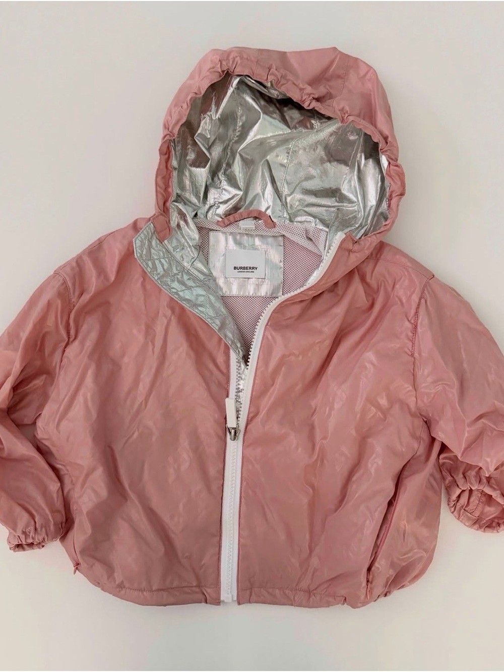 Burberry size 3 Pink Hooded Kids' Rain Jacket with Silver Lining